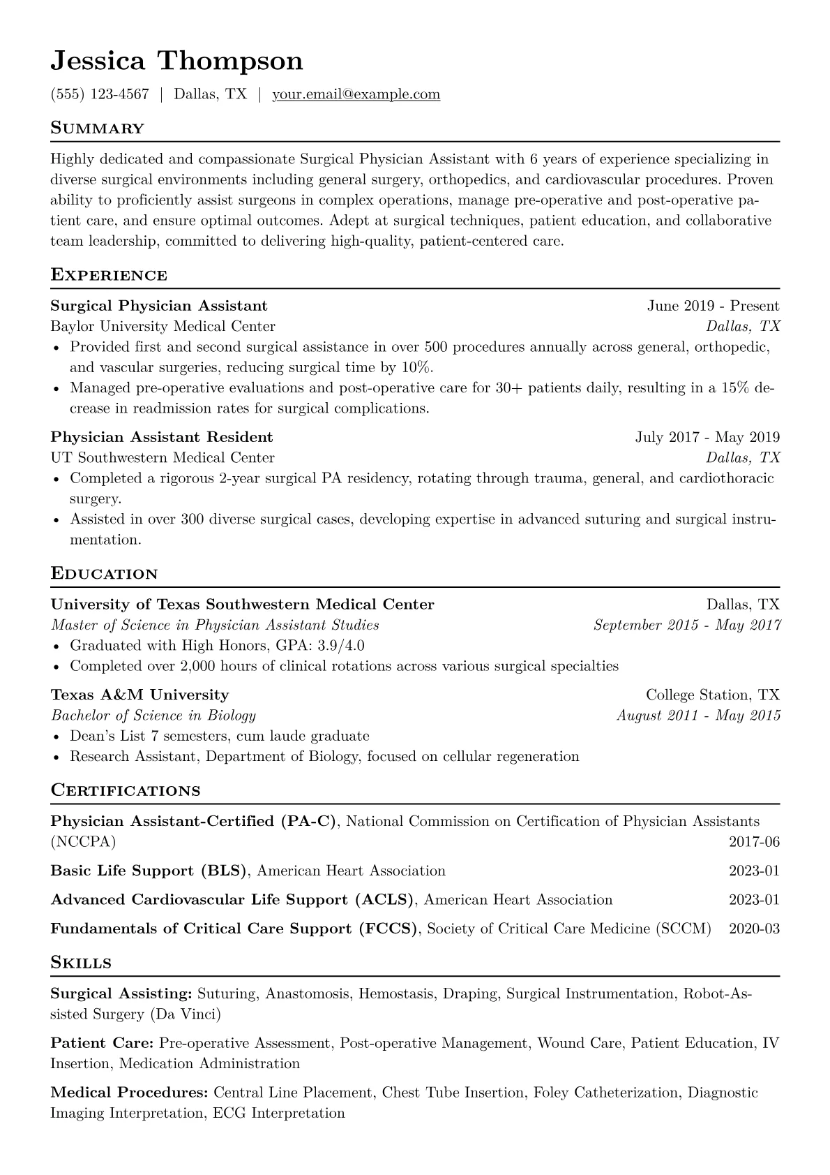 Surgical PA Resume Example CV template - Page 1