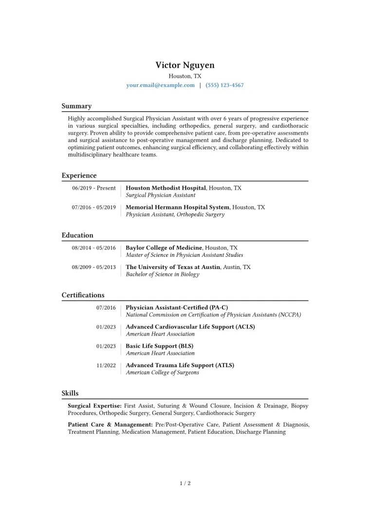 Surgical Physician Assistant Resume Example CV template preview