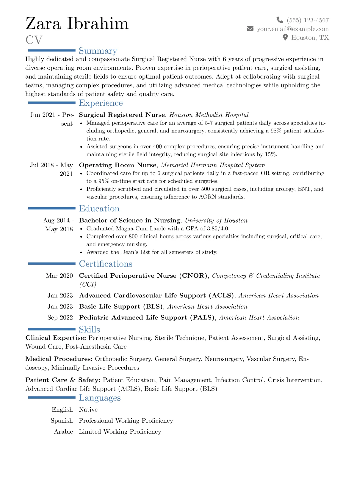 Surgical Registered Nurse Resume Example CV template - Page 1