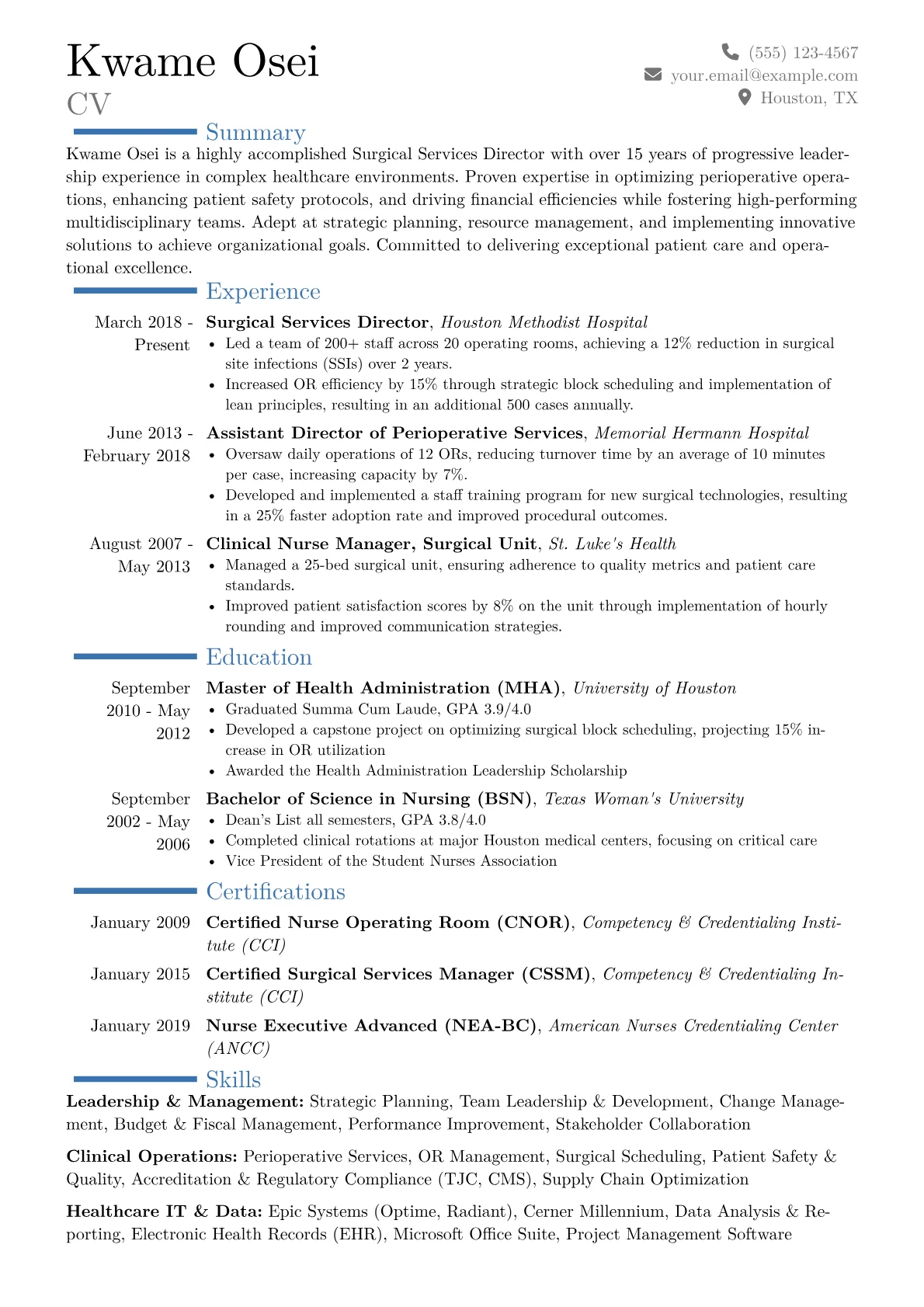 Surgical Services Director Resume Example CV template - Page 1