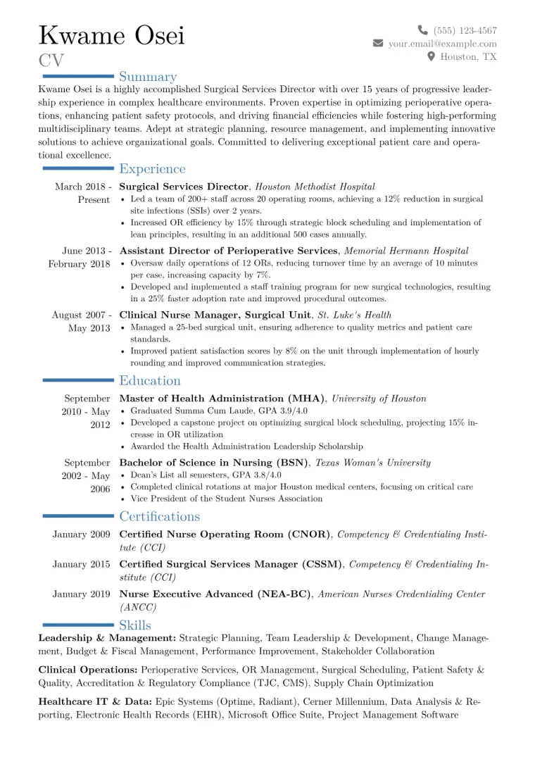 Surgical Services Director Resume Example CV template preview
