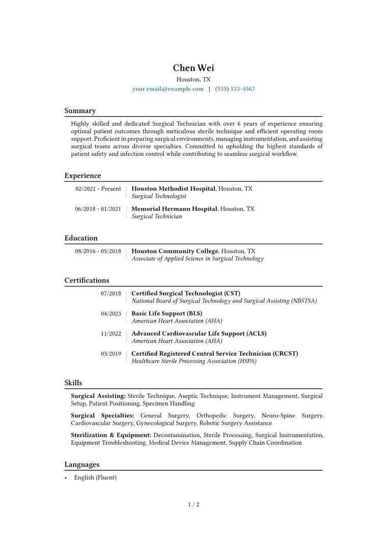Surgical Technician Resume Example CV template preview