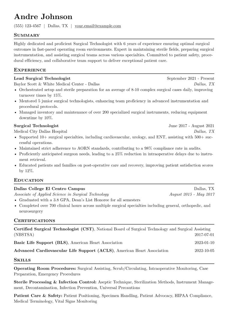 Surgical Technologist Resume Example CV template preview
