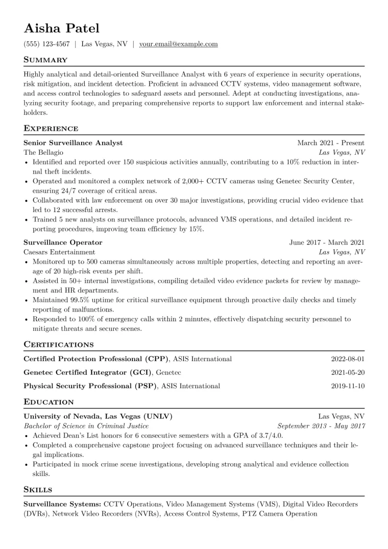 Surveillance Analyst Resume Example CV template preview