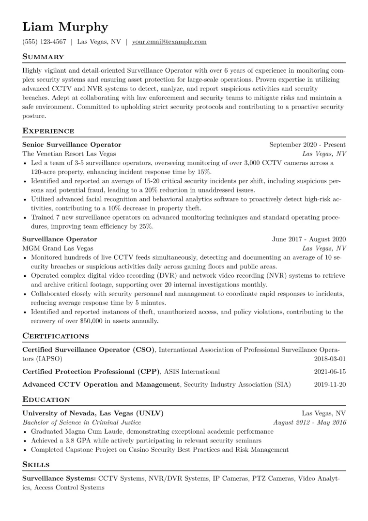 Surveillance Operator Resume Example CV template preview