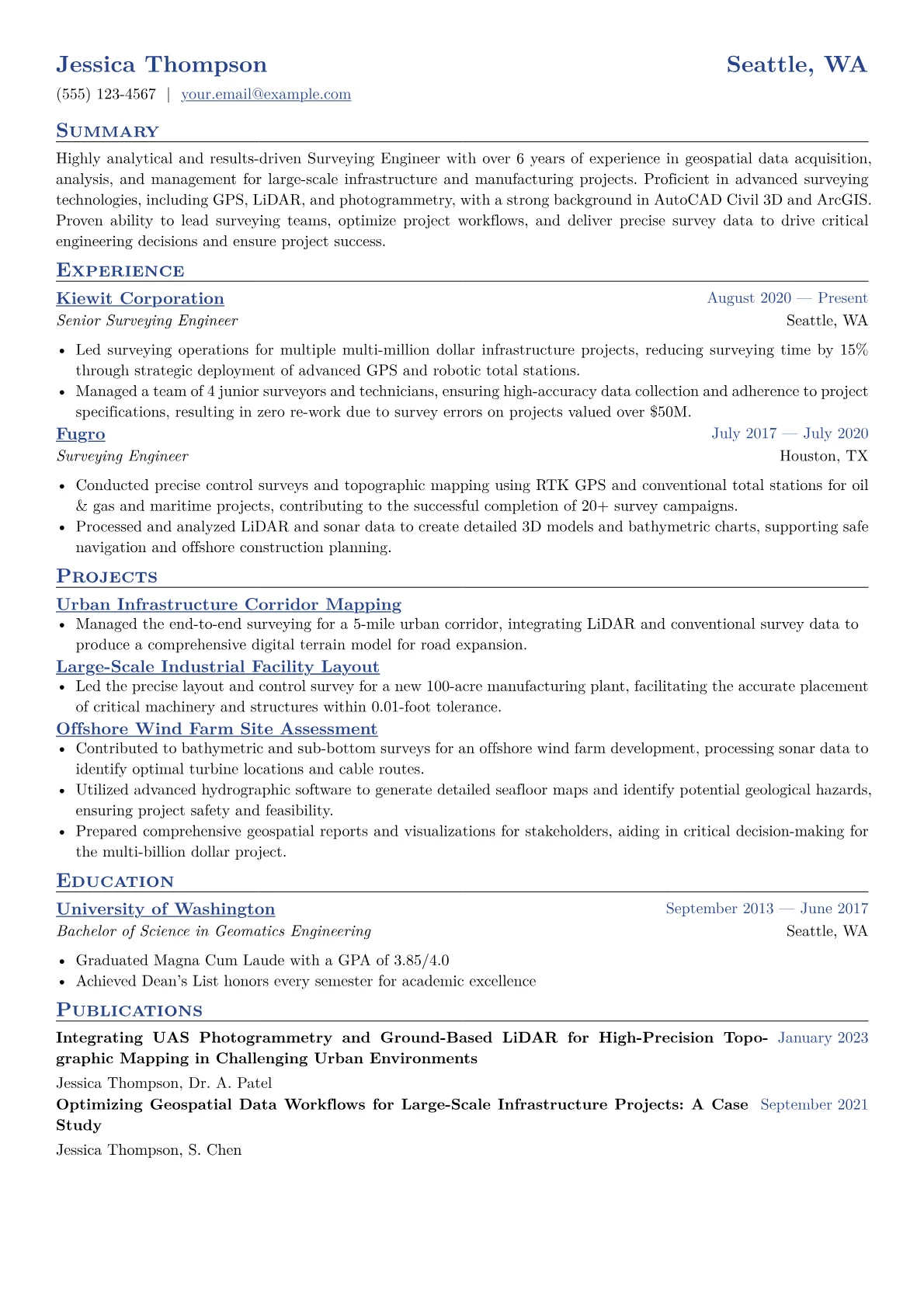 Surveying Engineer Resume Example CV template - Page 1