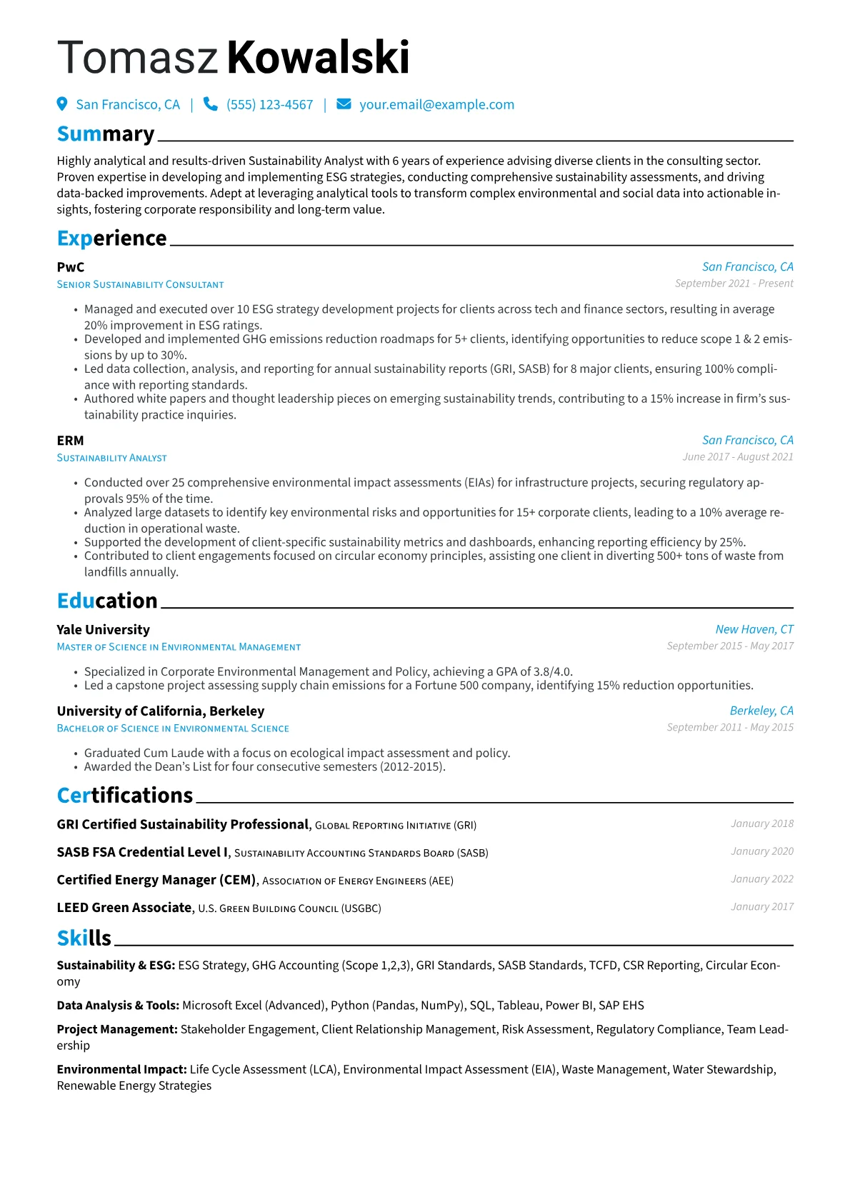 Sustainability Analyst Resume Example CV template - Page 1