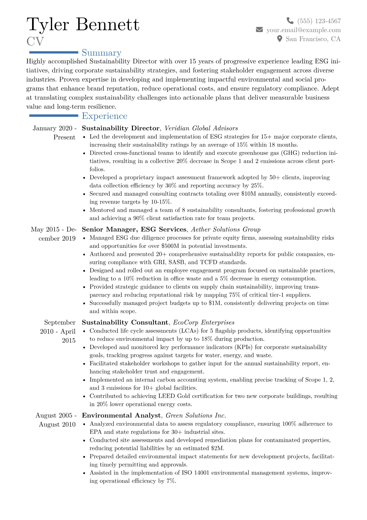 Sustainability Director Resume Example CV template - Page 1