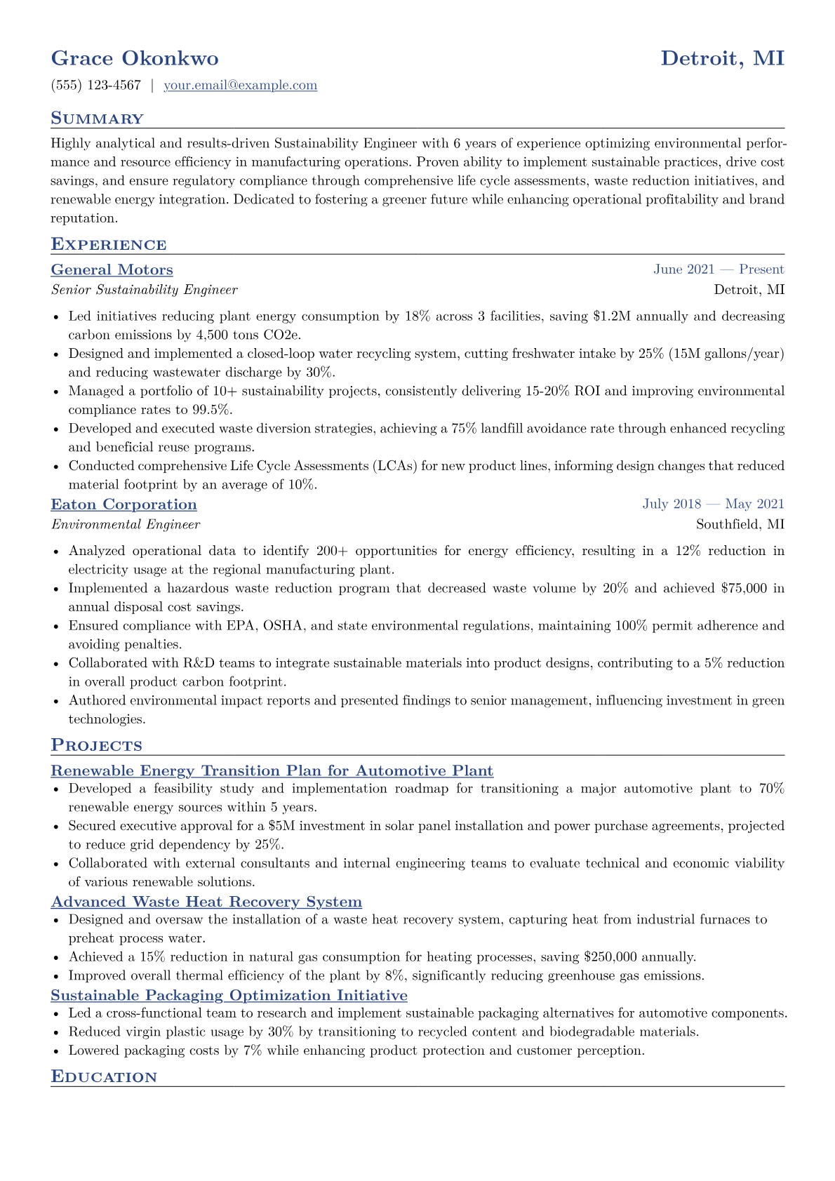 Sustainability Engineer Resume Example CV template - Page 1