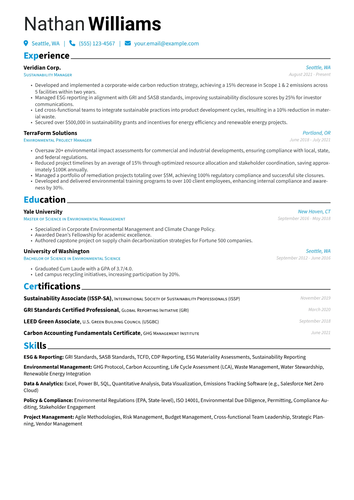 Sustainability Manager Resume Example CV template - Page 1
