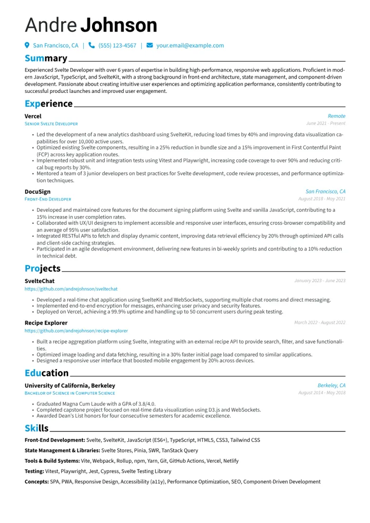 Svelte Developer Resume Example CV template preview