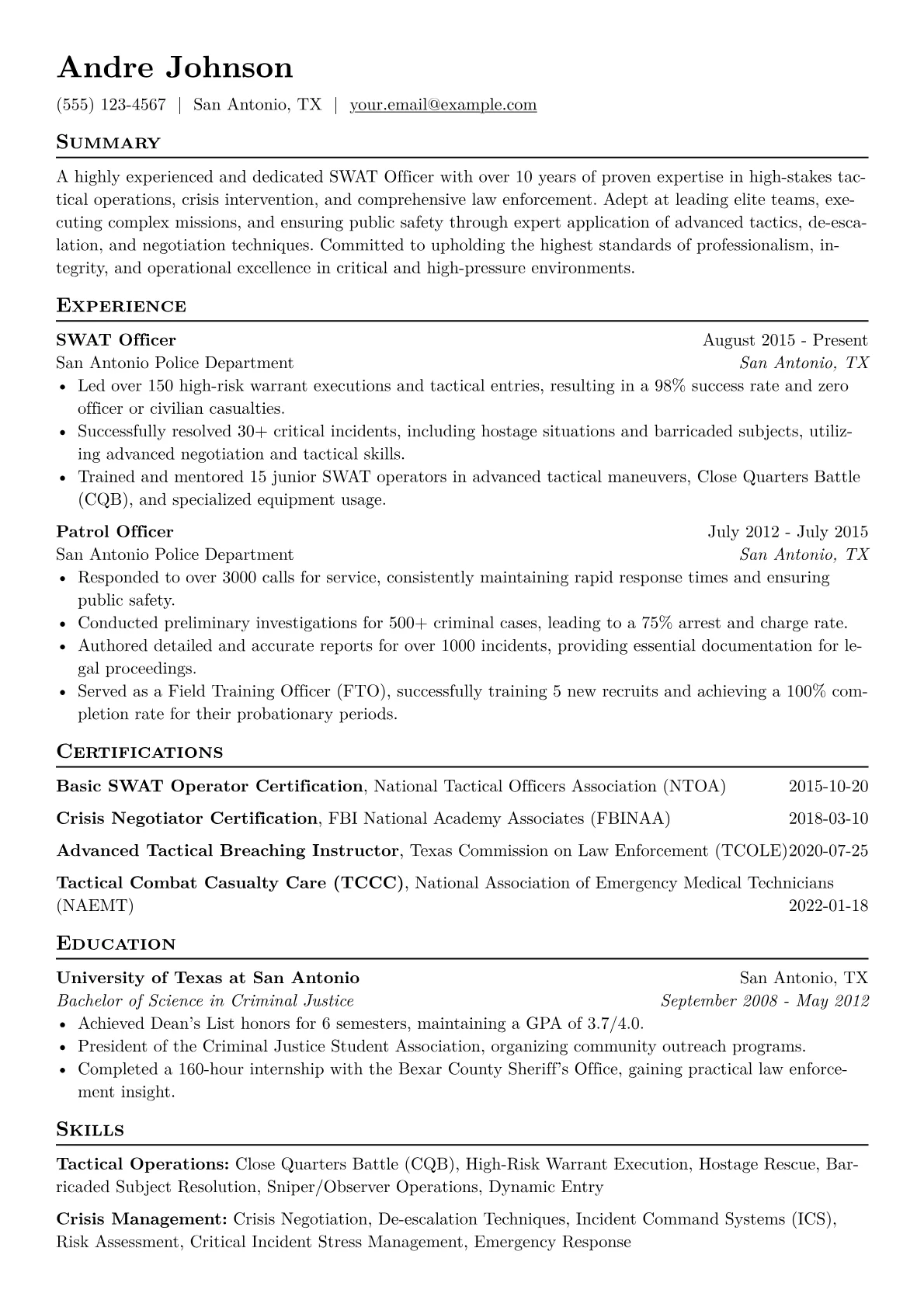 SWAT Officer Resume Example CV template - Page 1
