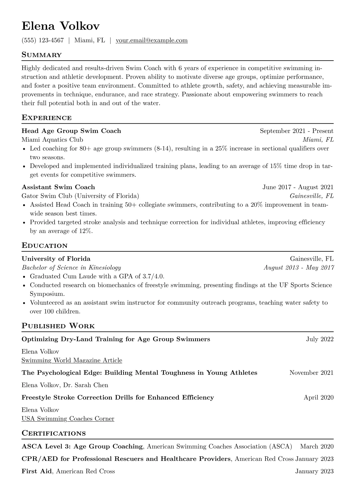 Swim Coach Resume Example CV template - Page 1