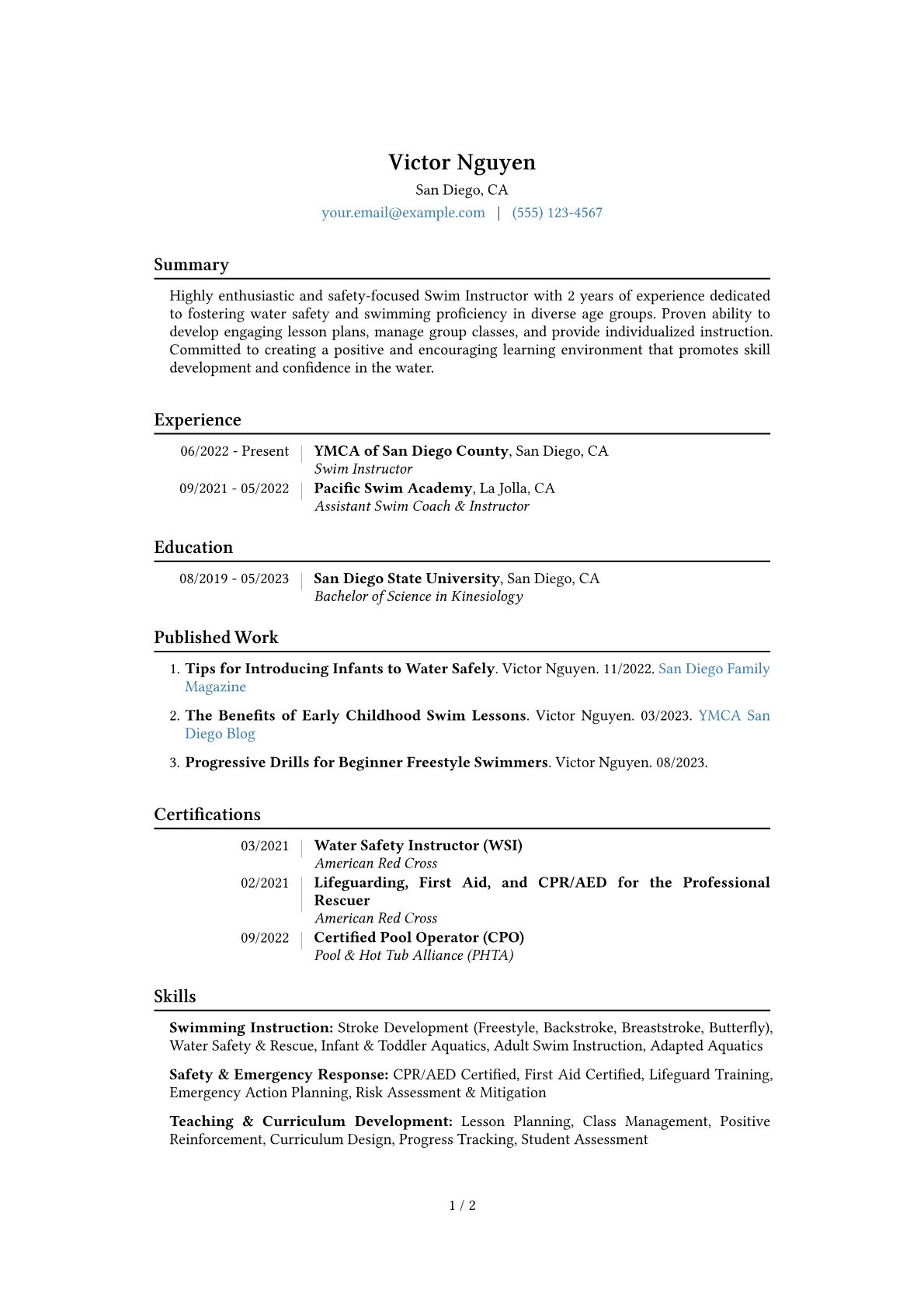 Swim Instructor Resume Example CV template - Page 1