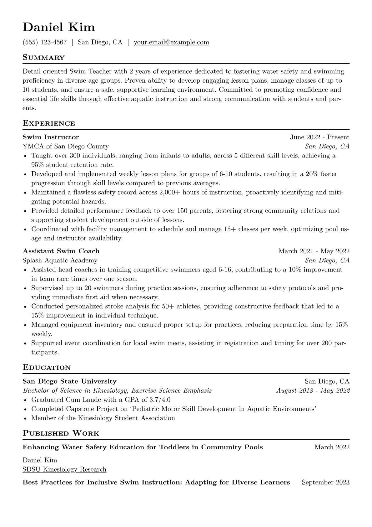 Swim Teacher Resume Example CV template - Page 1