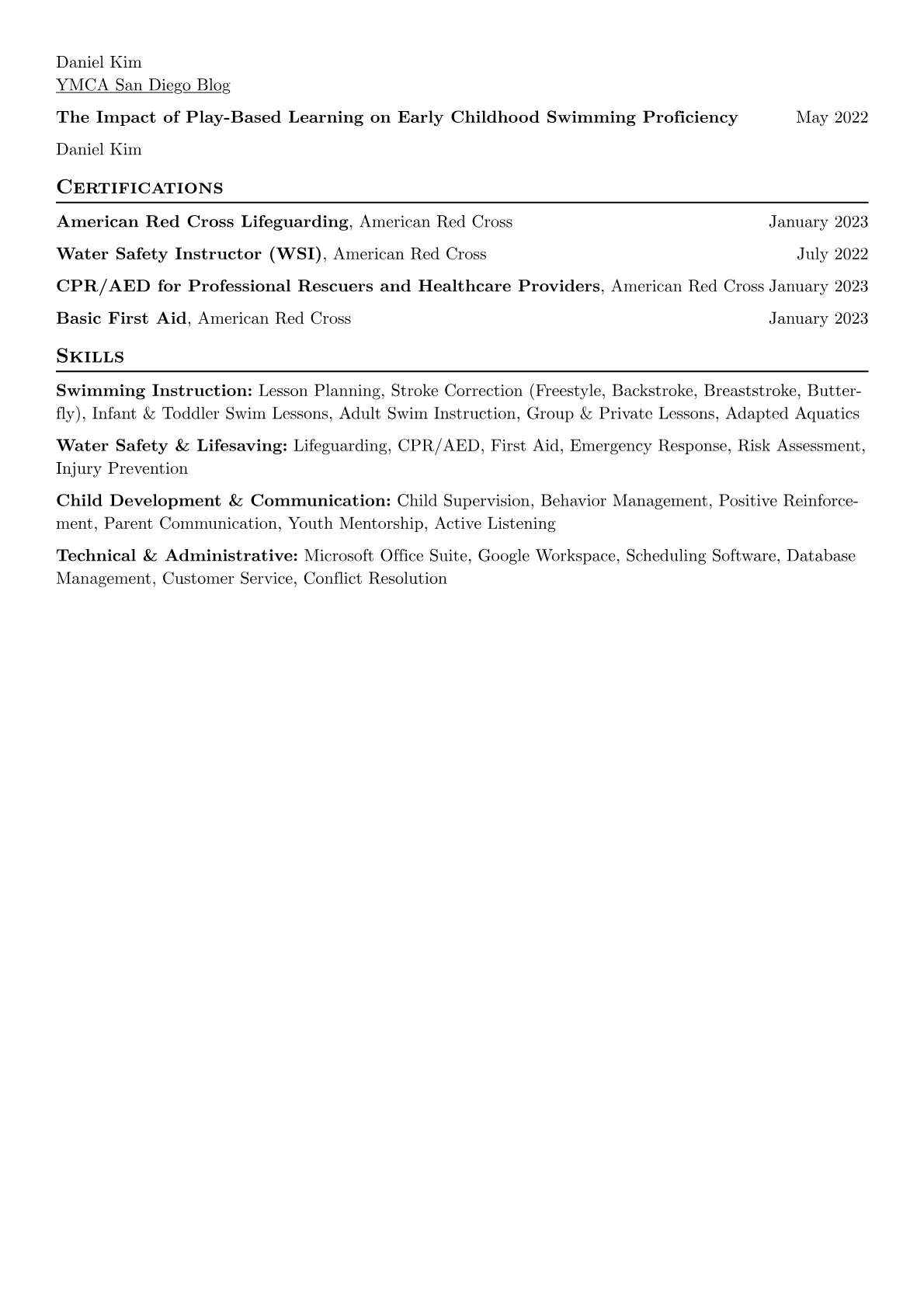 Swim Teacher Resume Example CV template - Page 2