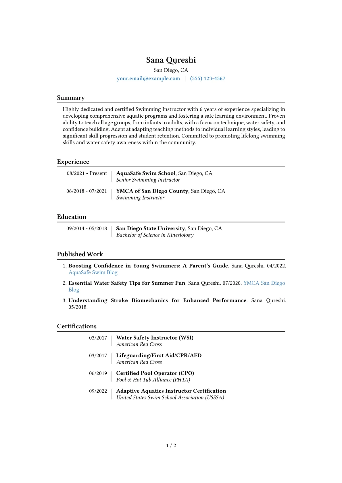 Swimming Instructor Resume Example CV template - Page 1