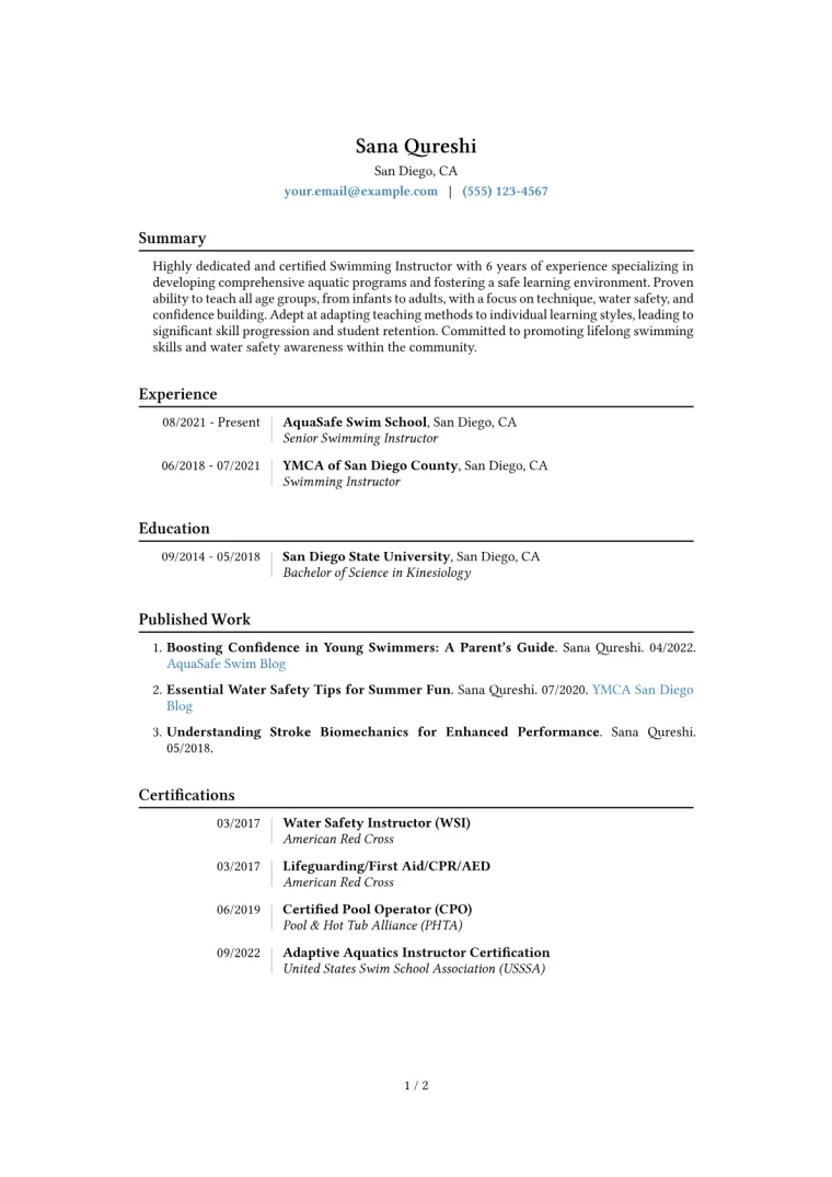 Swimming Instructor Resume Example CV template preview