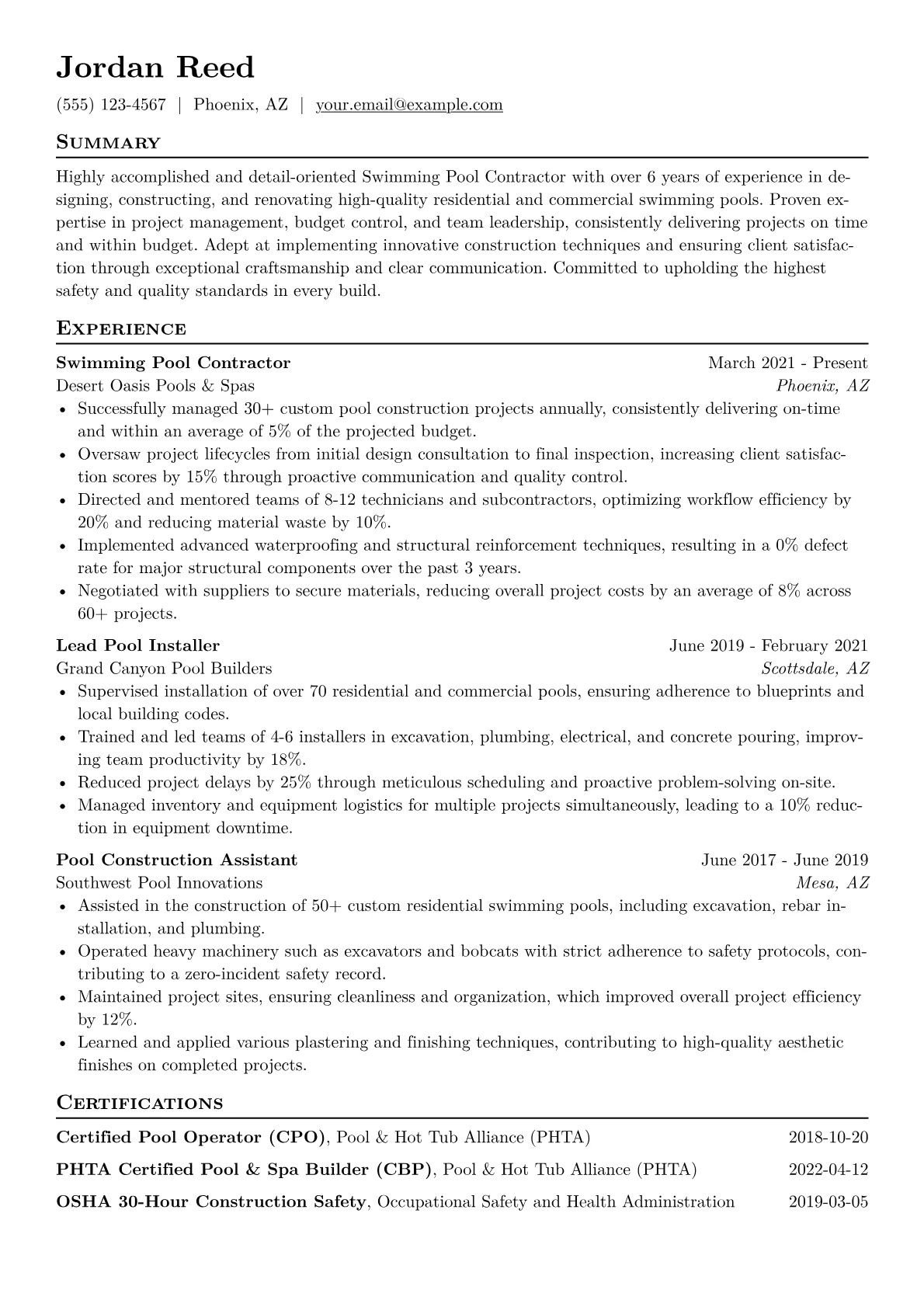 Swimming Pool Contractor Resume Example CV template - Page 1