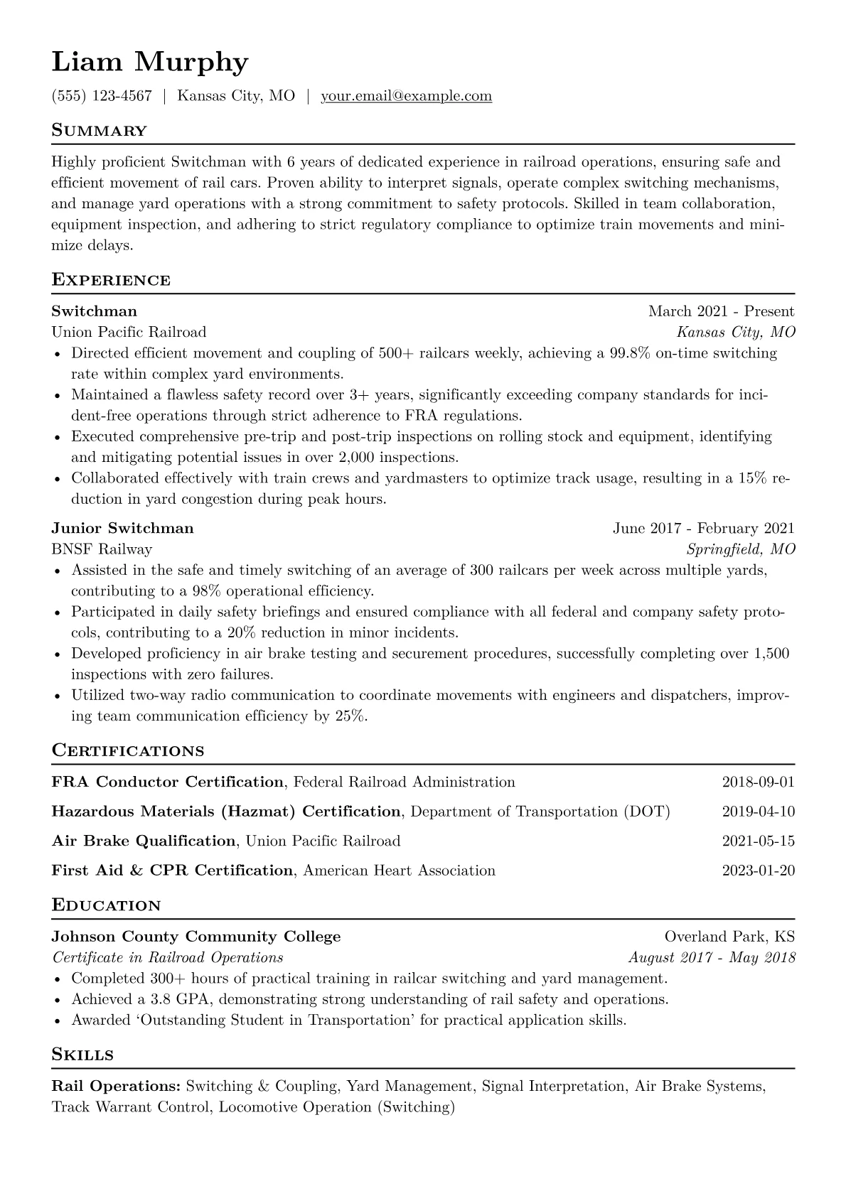 Switchman Resume Example CV template - Page 1