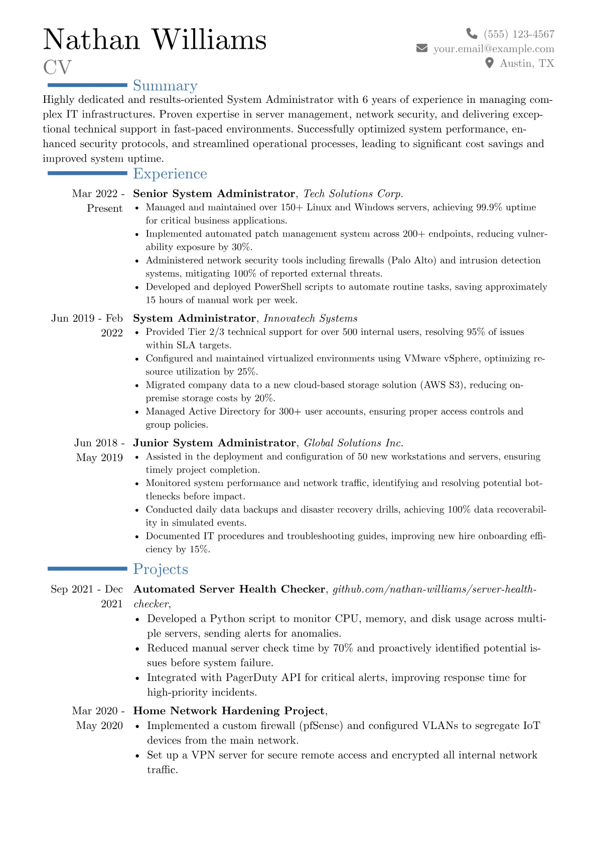 System Administrator Resume Example CV template - Page 1
