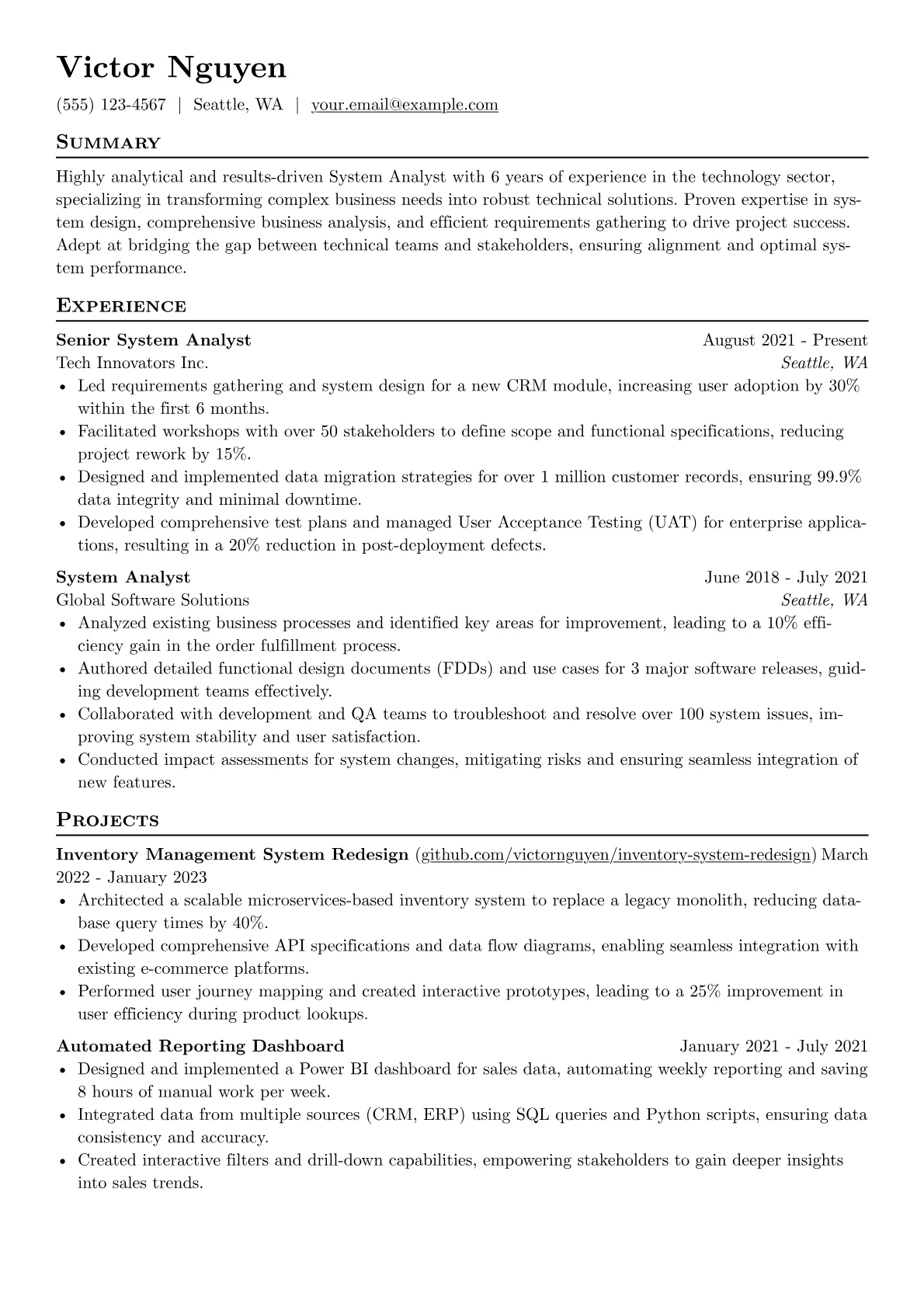 System Analyst Resume Example CV template - Page 1