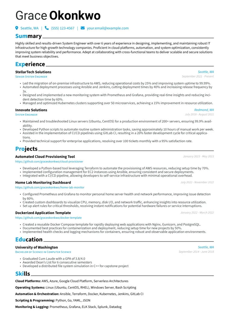 System Engineer Resume Example CV template preview