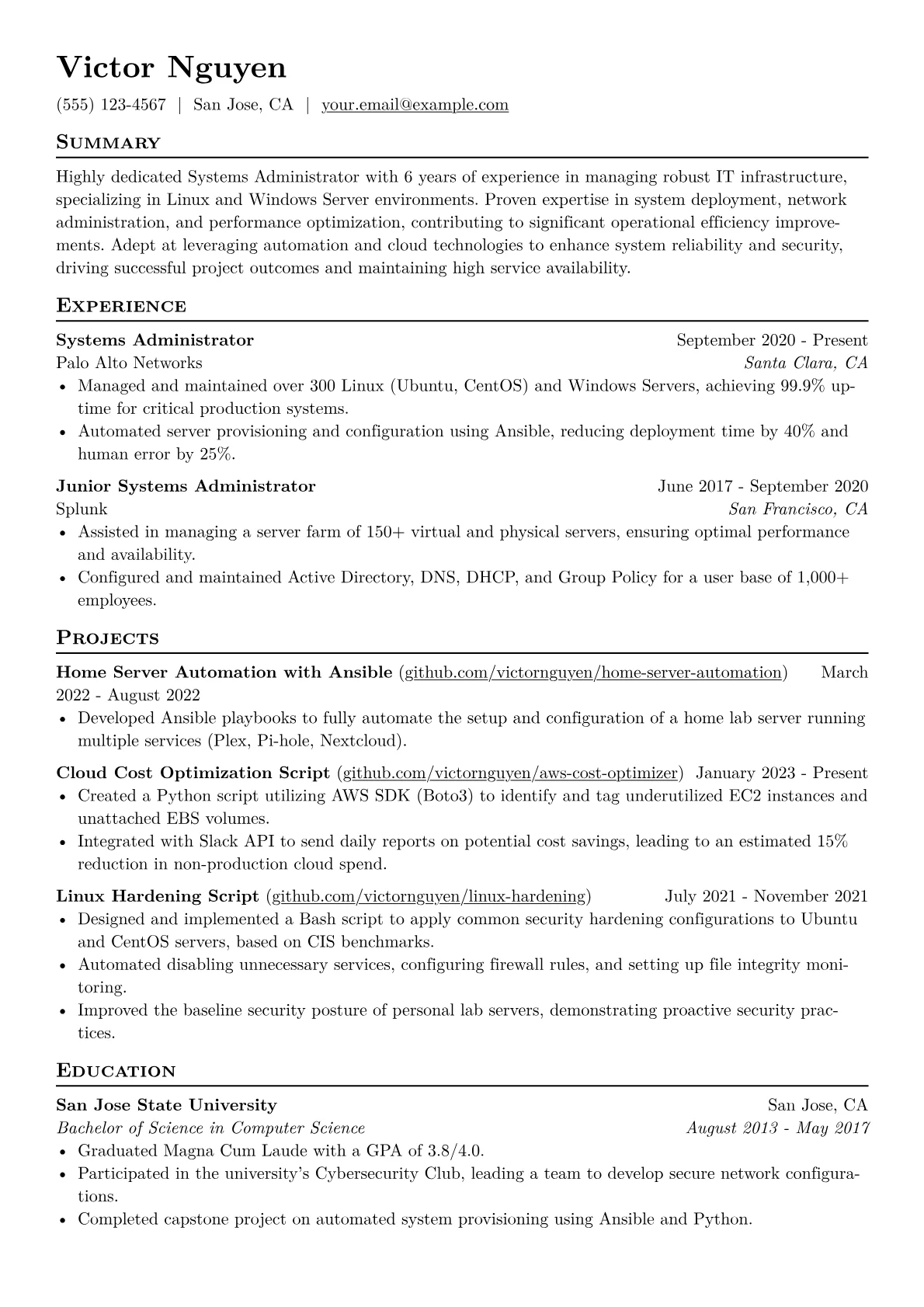 Systems Administrator Resume Example CV template - Page 1