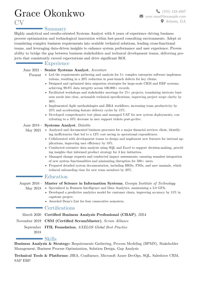 Systems Analyst Resume Example CV template preview