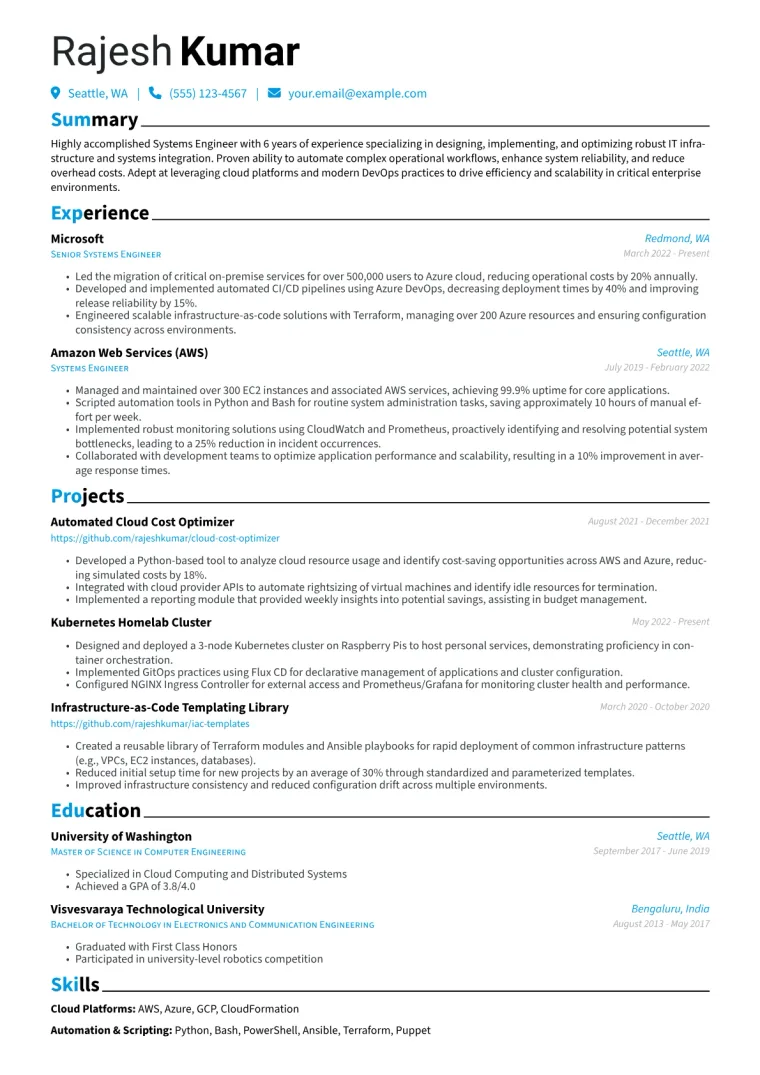 Systems Engineer Resume Example CV template preview
