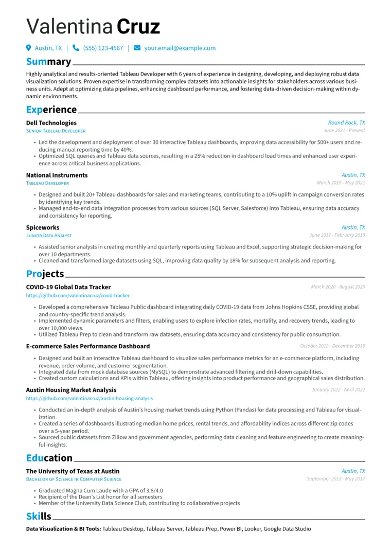 Tableau Developer Resume Example CV template preview