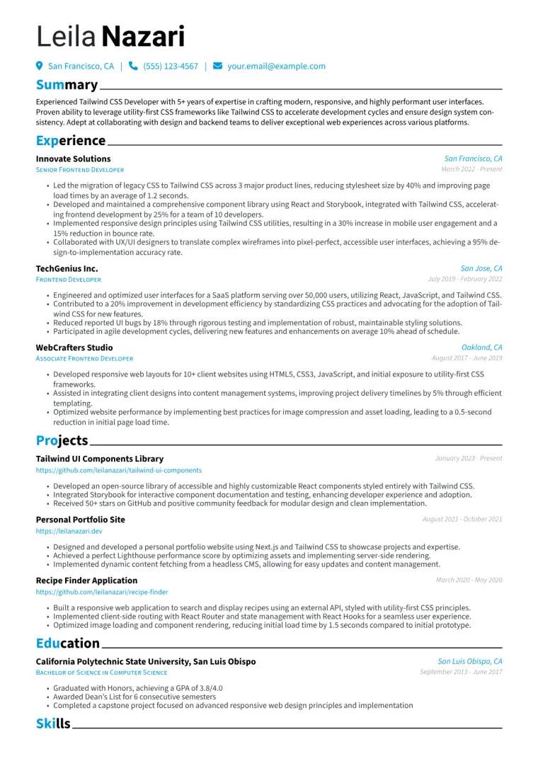 Tailwind CSS Developer Resume Example CV template preview