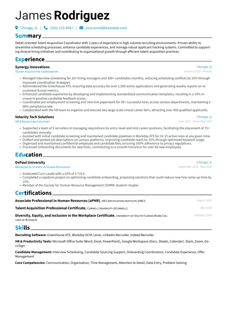 Talent Acquisition Coordinator Resume Example CV template preview