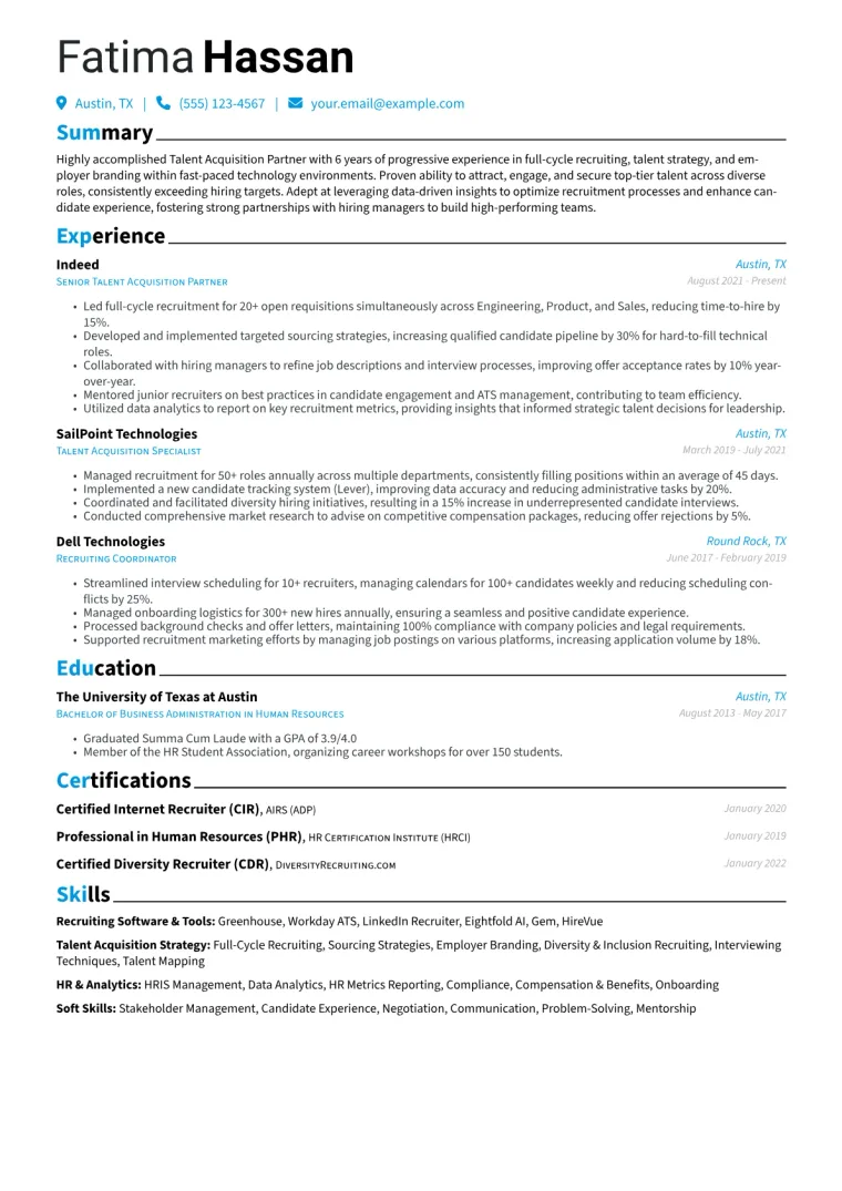 Talent Acquisition Partner Resume Example CV template preview