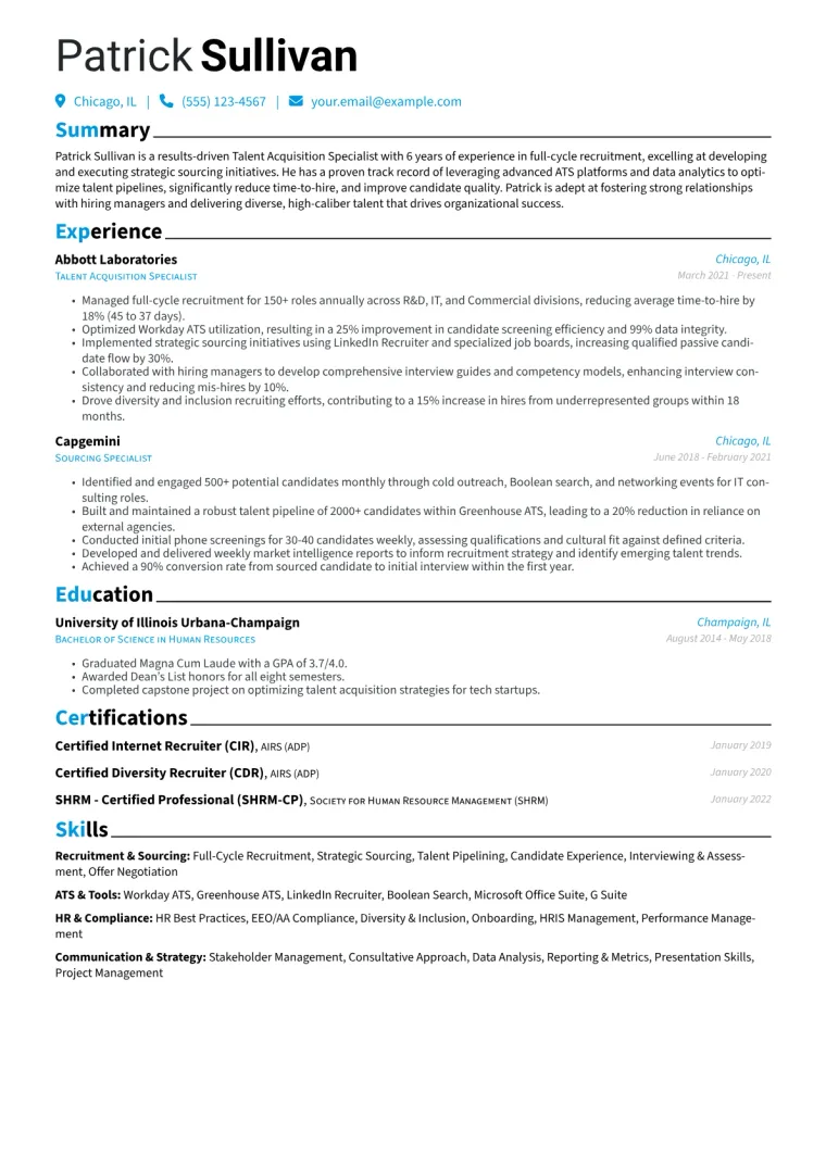 Talent Acquisition Specialist Resume Example CV template preview