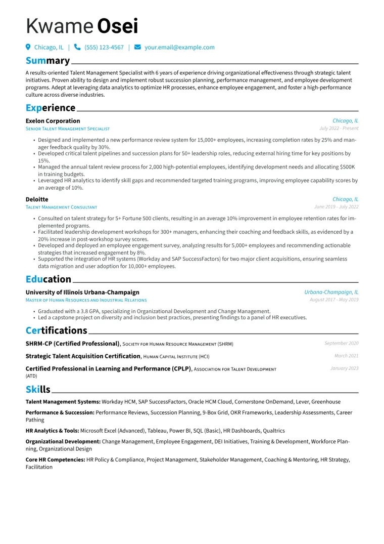 Talent Management Specialist Resume Example CV template preview