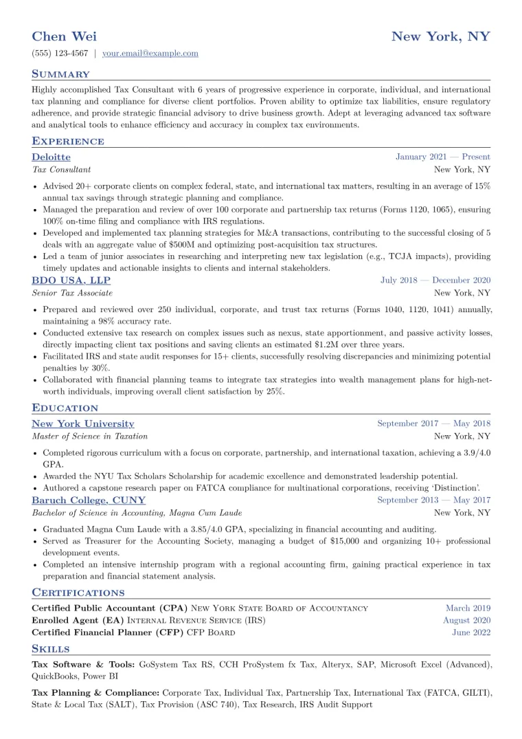 Tax Consultant Resume Example CV template preview