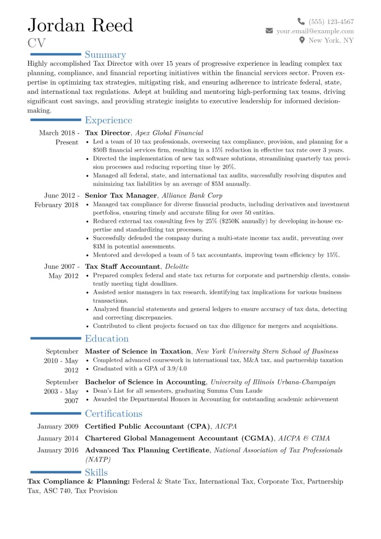 Tax Director Resume Example CV template preview