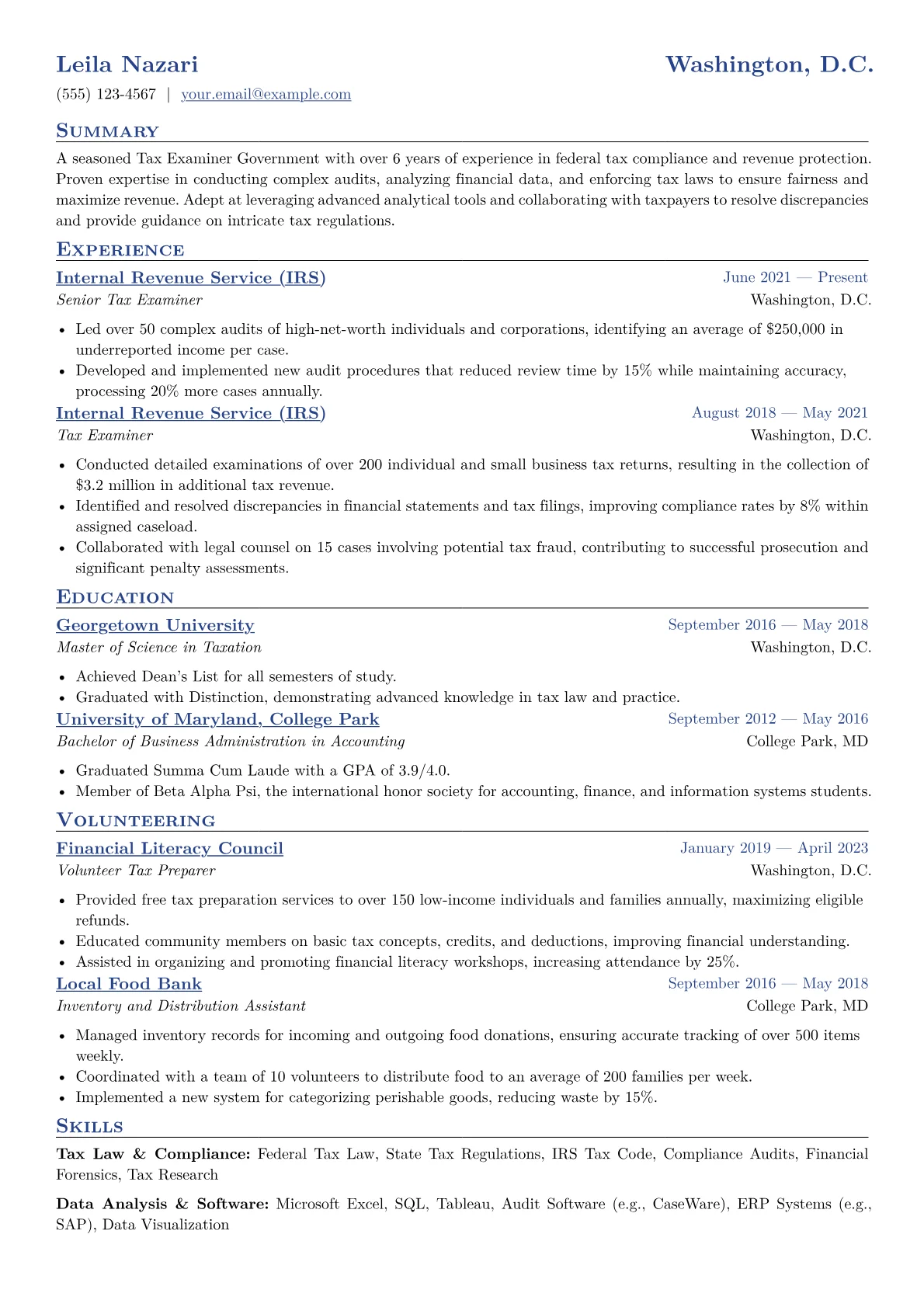 Tax Examiner Government Resume Example CV template - Page 1