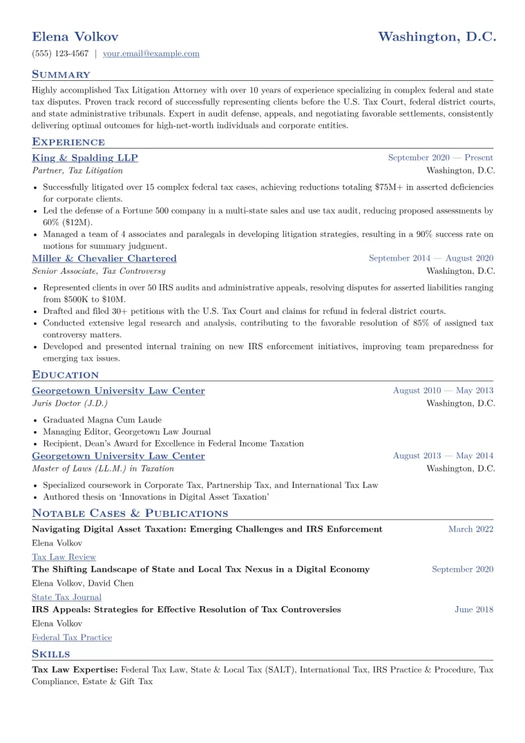 Tax Litigation Attorney Resume Example CV template preview
