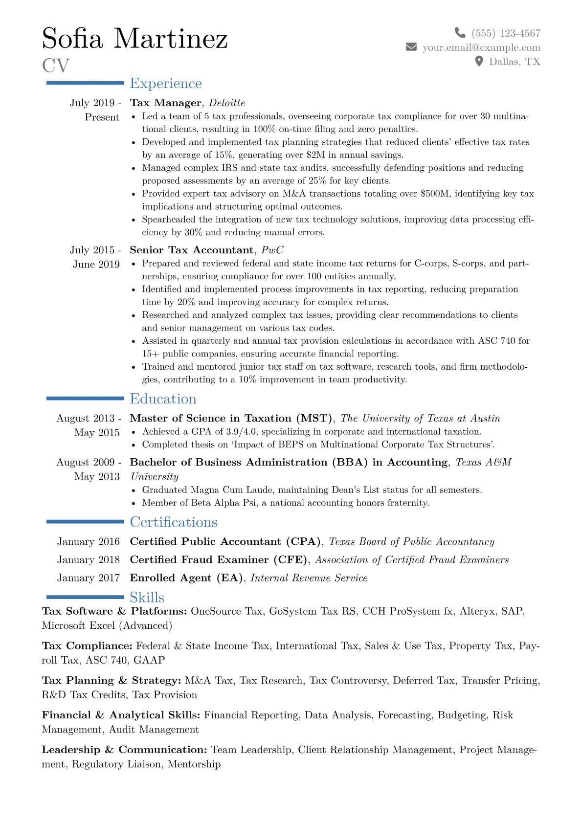 Tax Manager Resume Example CV template - Page 1