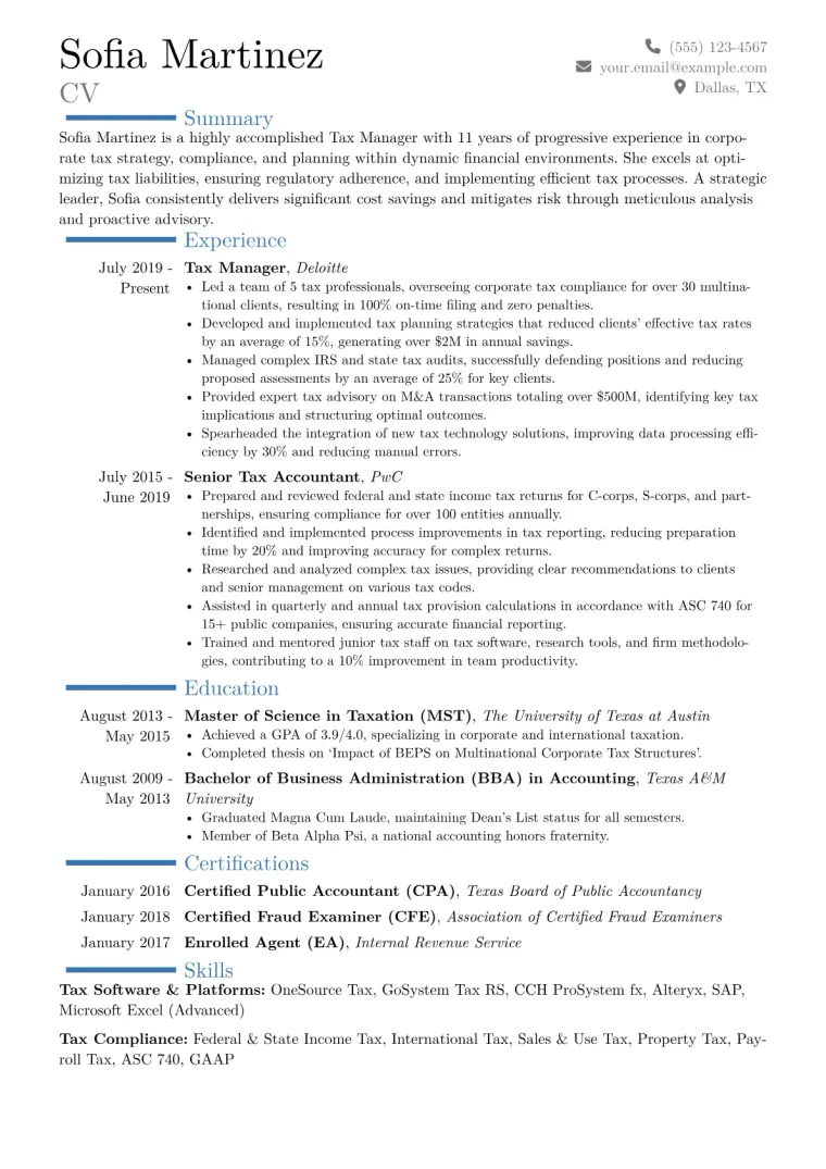 Tax Manager Resume Example CV template preview