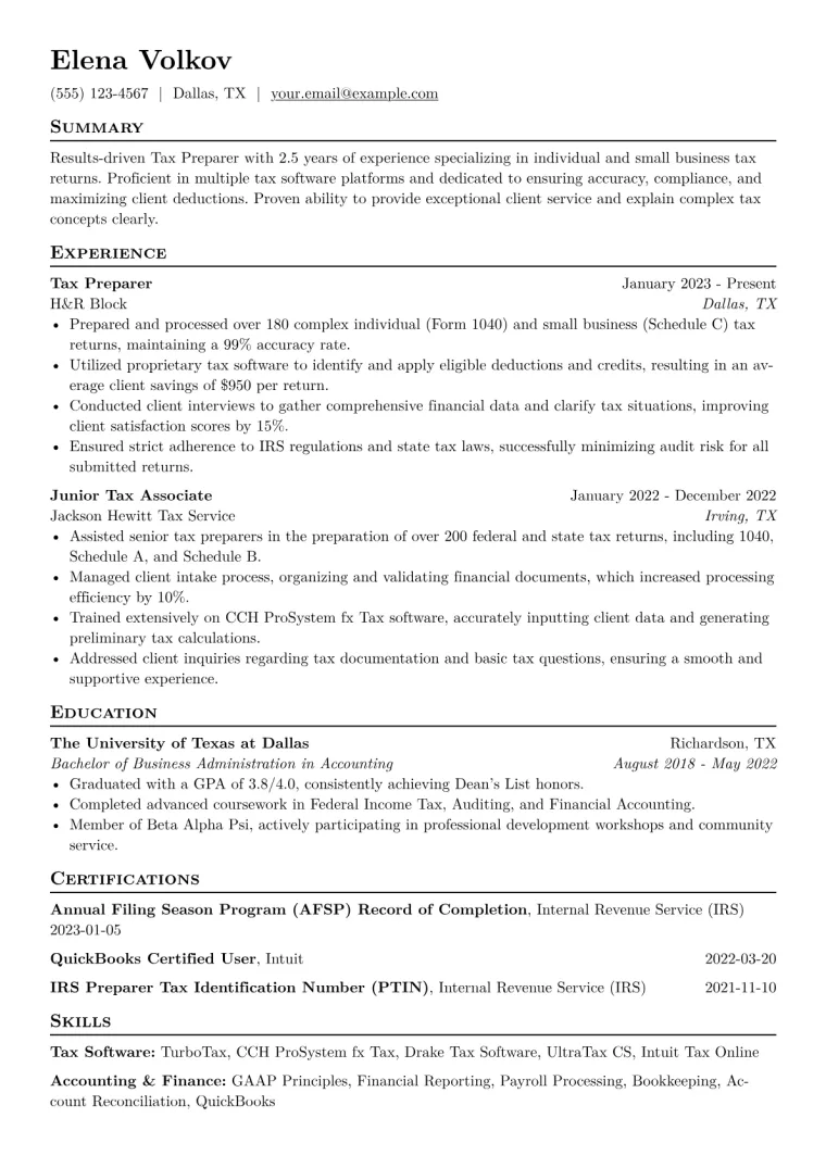 Tax Preparer Resume Example CV template preview
