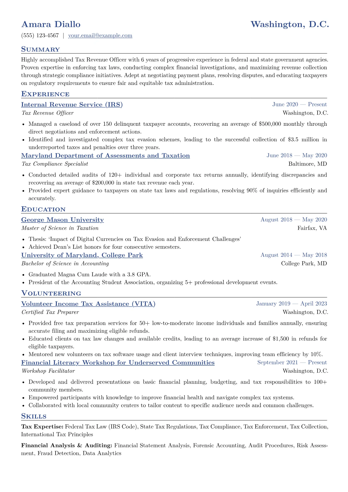 Tax Revenue Officer Resume Example CV template - Page 1