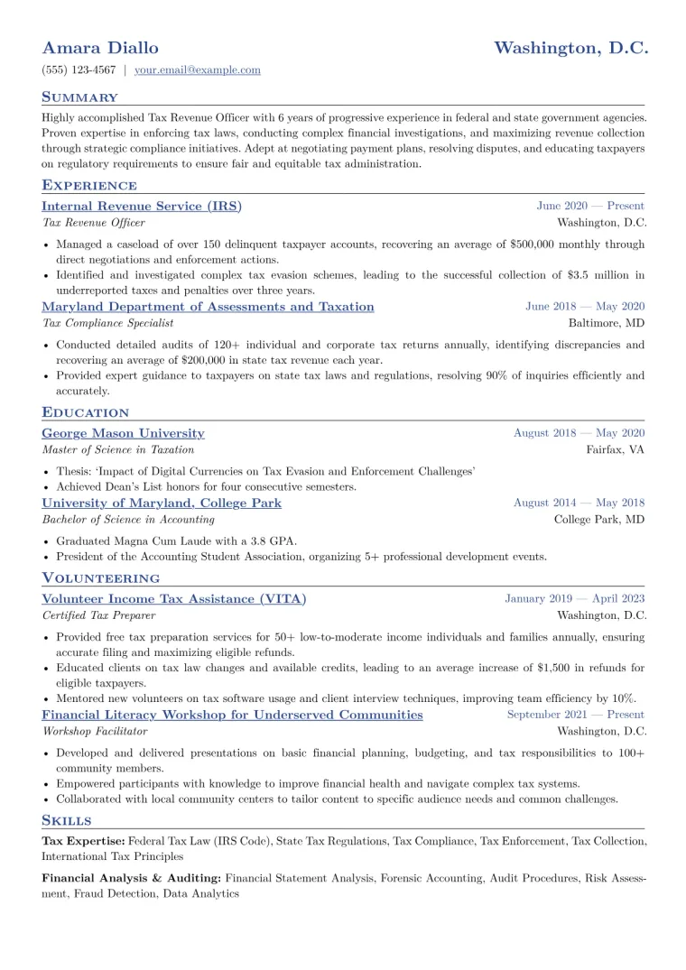 Tax Revenue Officer Resume Example CV template preview