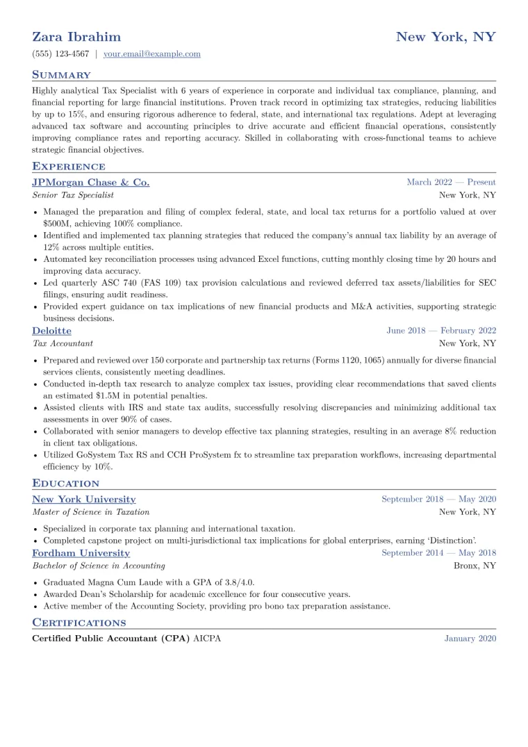 Tax Specialist Resume Example CV template preview