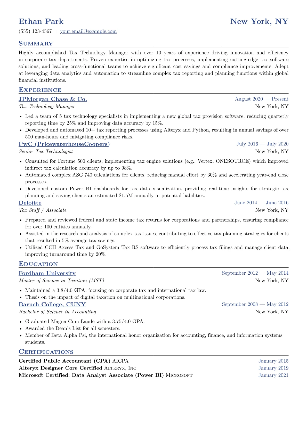 Tax Technology Manager Resume Example CV template - Page 1