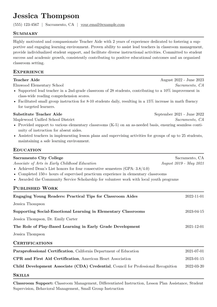 Teacher Aide Resume Example CV template preview