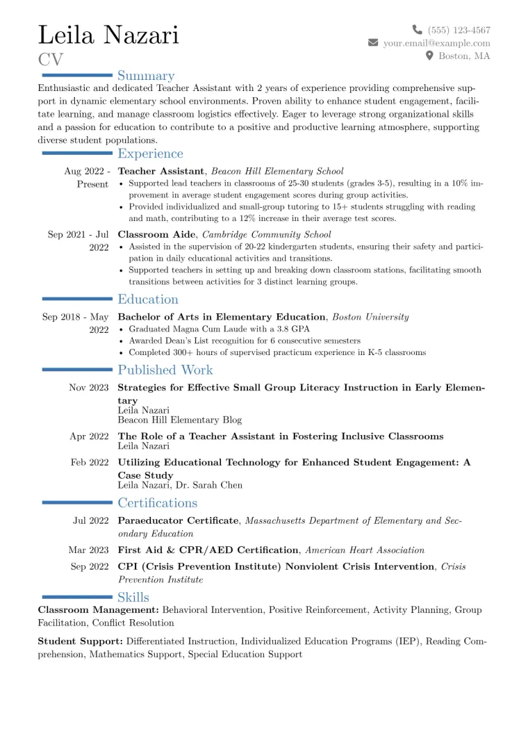 Teacher Assistant Resume Example CV template preview