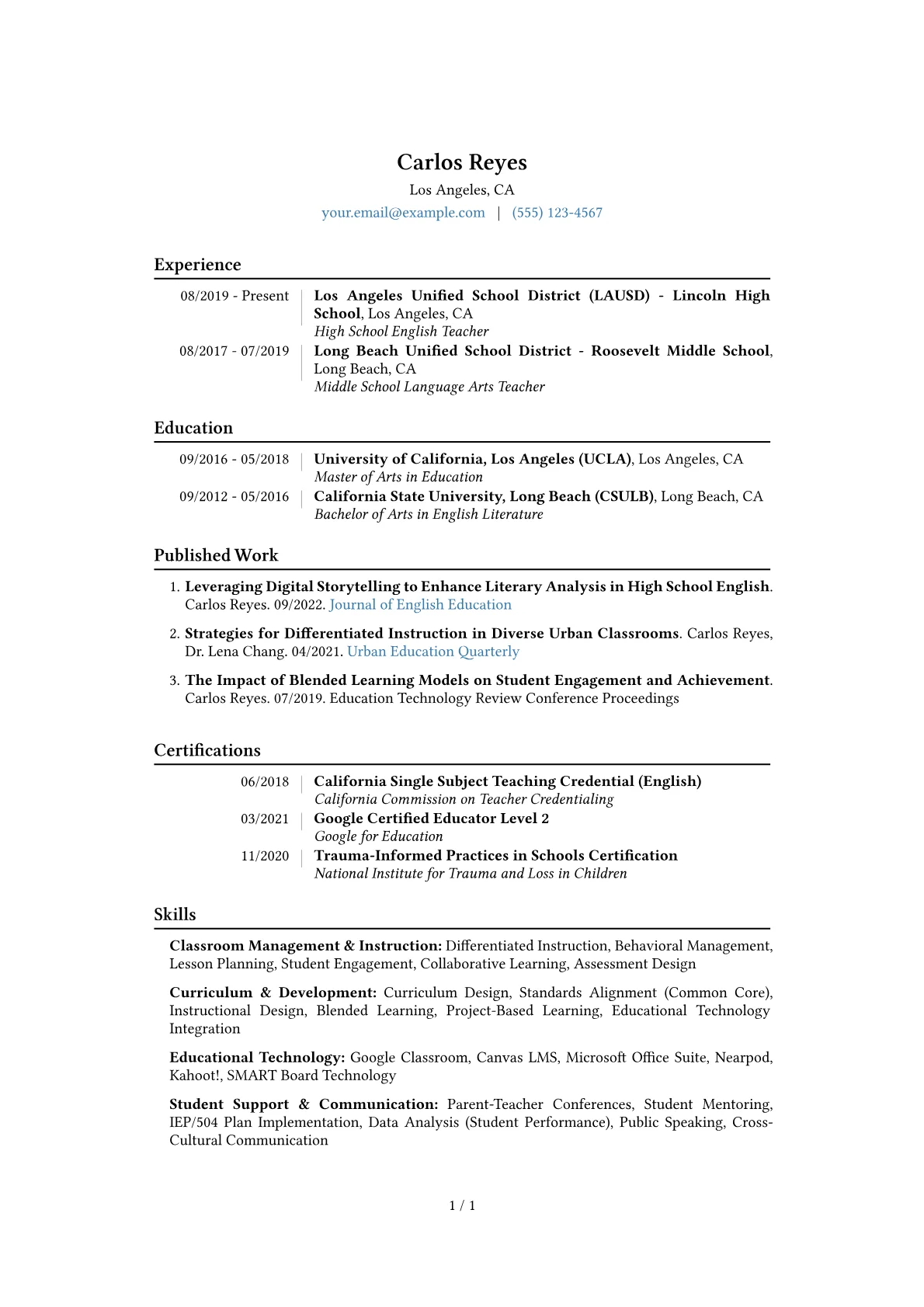 Teacher Resume Example CV template - Page 1